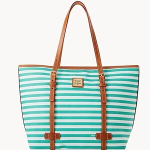 Dooney & Bourke Aqua and Tan Striped Tote Sea Foam East West Shopper